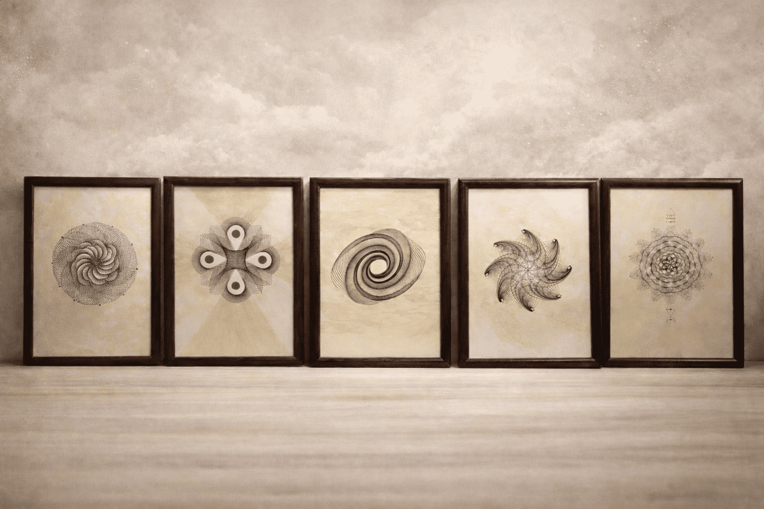 Cinco recuadros de geomertrias personalizadas sobre papel café con tinta negra