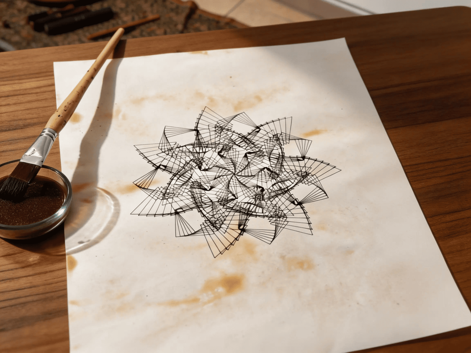 Ilustración de geometría sagrada sobre papel con café encima de un escritorio de trabajo