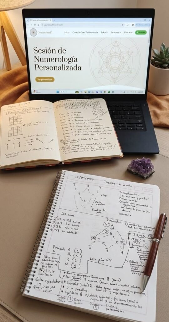 Ambiente de estudio de numerología personal con dos libretas y una computadora.